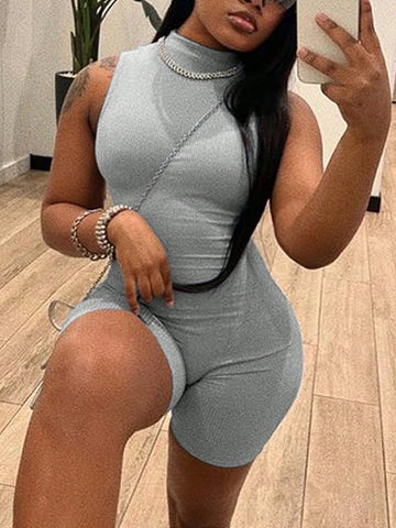 Women Plain Collar Sleeveless Bodycon Jumpsuit, Summer