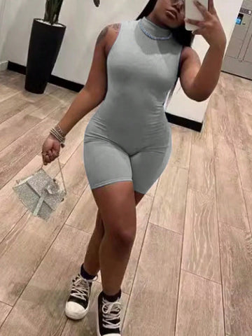 Women Plain Collar Sleeveless Bodycon Jumpsuit, Summer