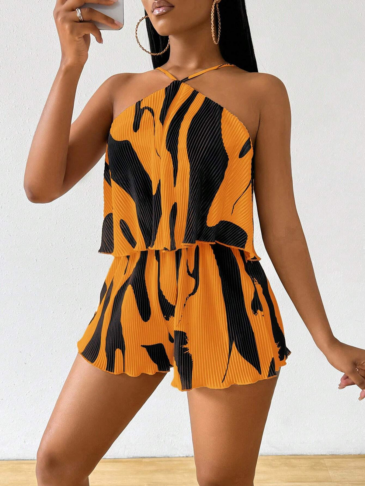 Women Pleated Fabric Apricot Color Short Jumpsuit