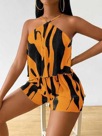 Women Pleated Fabric Apricot Color Short Jumpsuit