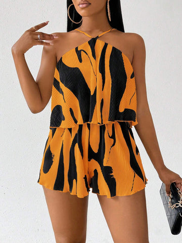 Women Pleated Fabric Apricot Color Short Jumpsuit