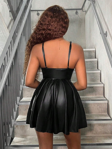 Women Polyurethane Skirt With Suspenders Romper