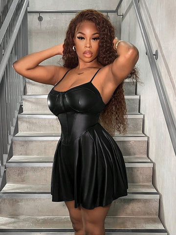 Women Polyurethane Skirt With Suspenders Romper