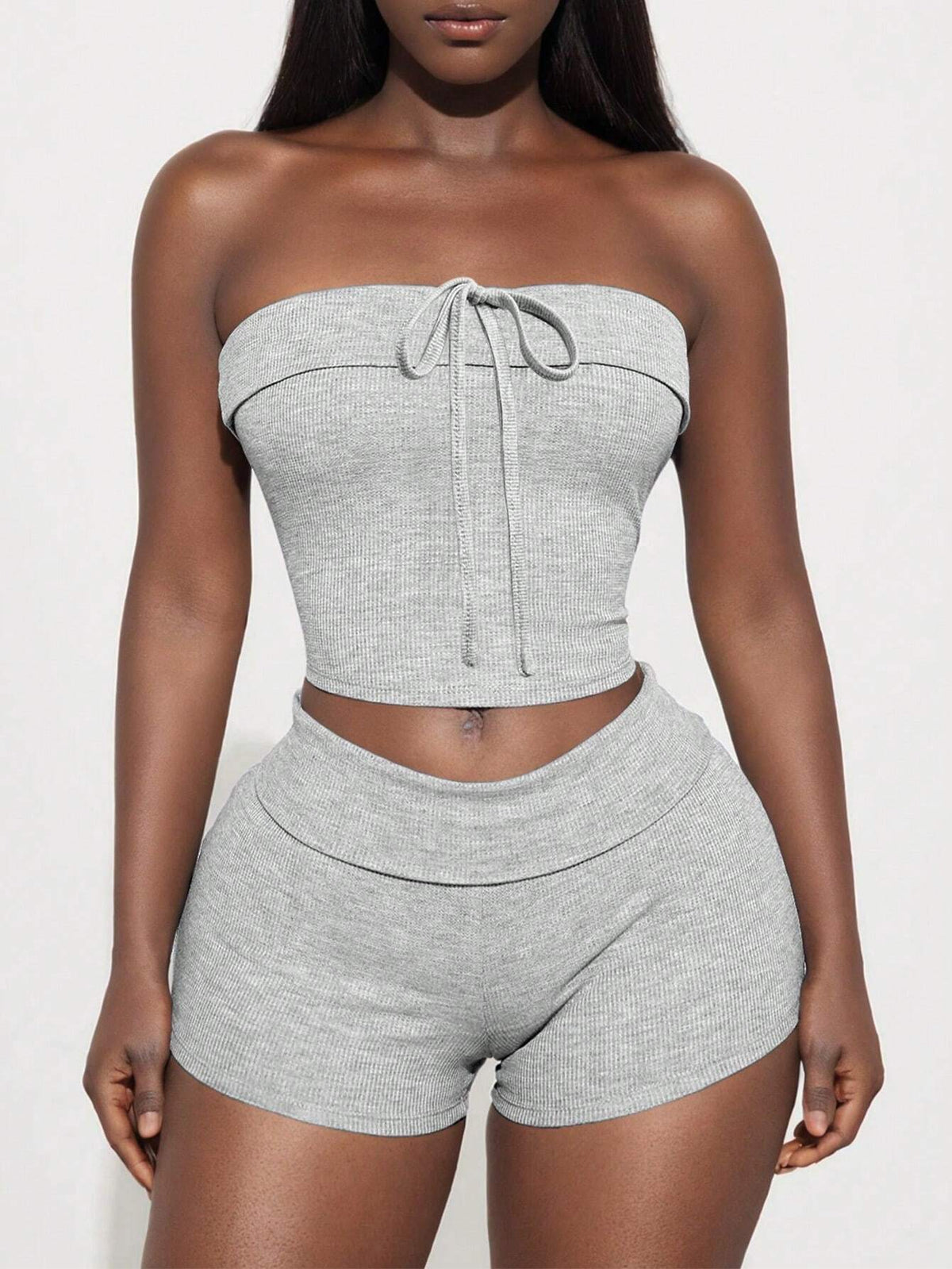 Women Solid Color Bandeau Top And Shorts Summer