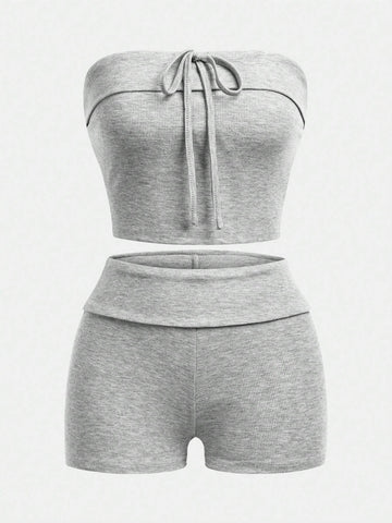 Women Solid Color Bandeau Top And Shorts Summer