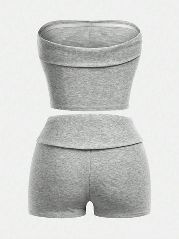 Women Solid Color Bandeau Top And Shorts Summer