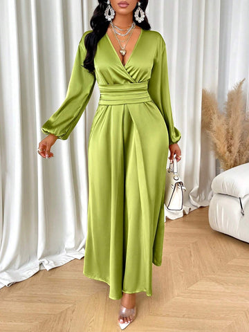 Women Solid Color Simple Daily Satin Dress With Pleated Design