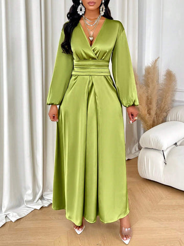 Women Solid Color Simple Daily Satin Dress With Pleated Design