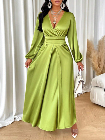 Women Solid Color Simple Daily Satin Dress With Pleated Design