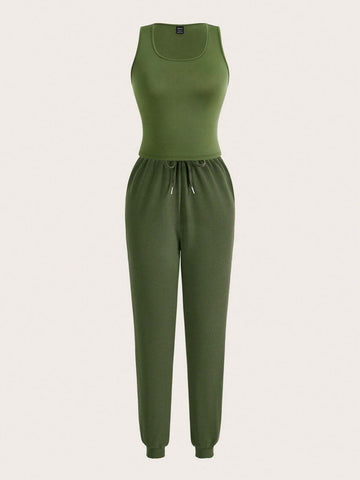 Women Solid Color Sleeveless Vest And Tapered Casual Pants Two-Piece Set