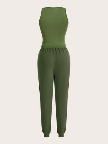 Women Solid Color Sleeveless Vest And Tapered Casual Pants Two-Piece Set