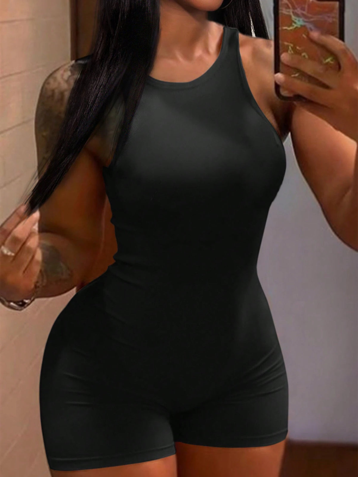 Women Solid Color Zipper Back Bodycon Romper Shorts For Summer