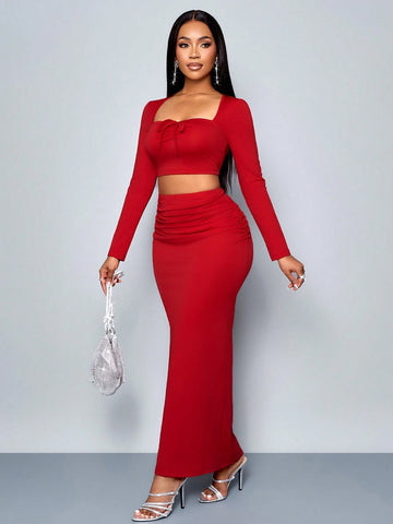 Women Square Neck Long Sleeve Tie Front Blouse And A-Line Skirt Casual Outfit