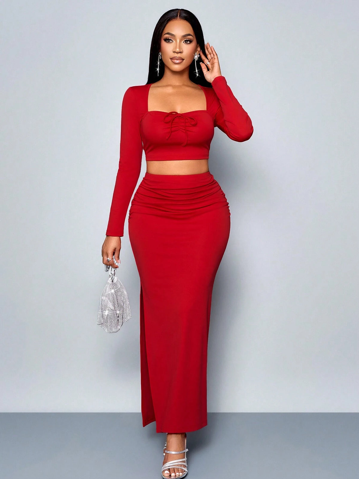 Women Square Neck Long Sleeve Tie Front Blouse And A-Line Skirt Casual Outfit