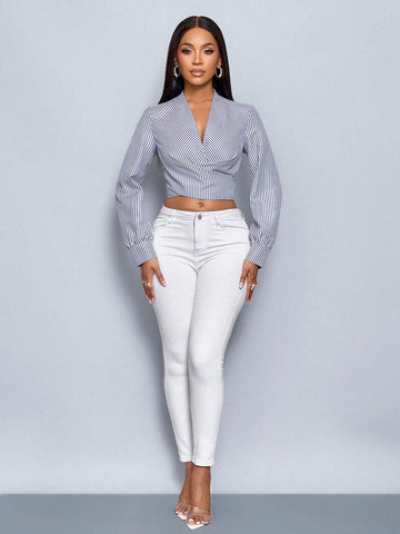 Slayr Women Striped V-Neck Long Sleeve Cropped Shirt,