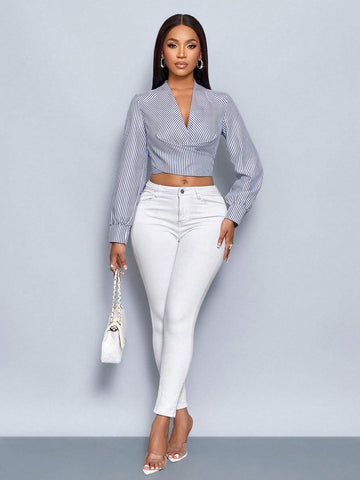 Slayr Women Striped V-Neck Long Sleeve Cropped Shirt,