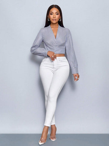 Slayr Women Striped V-Neck Long Sleeve Cropped Shirt,