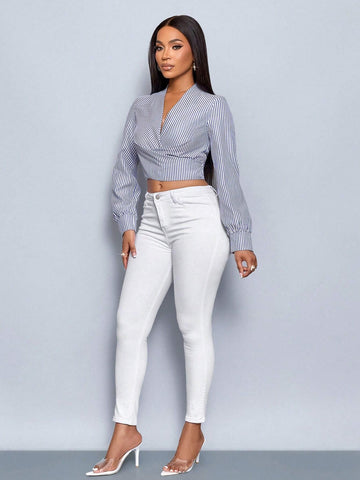Slayr Women Striped V-Neck Long Sleeve Cropped Shirt,