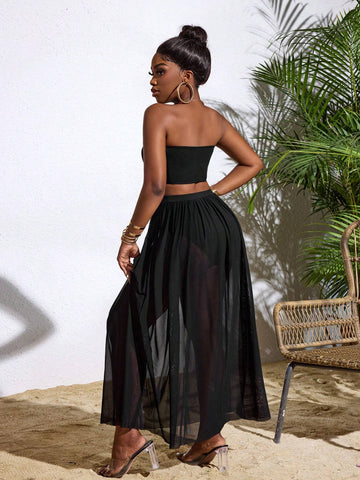 Women Summer Holiday Solid Color Cropped Strapless Top And Sheer Midi Skirt Sexy Two-Piece Set