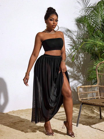 Women Summer Holiday Solid Color Cropped Strapless Top And Sheer Midi Skirt Sexy Two-Piece Set