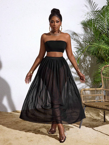 Women Summer Holiday Solid Color Cropped Strapless Top And Sheer Midi Skirt Sexy Two-Piece Set