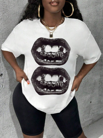 Women Summer Lips Print Round Neck Drop Shoulder Short Sleeve Funny T-Shirt And Short Leggings Set