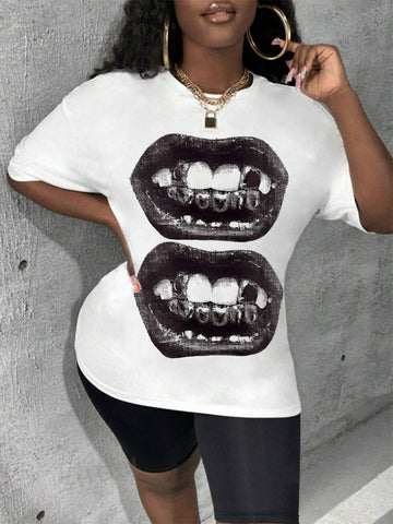 Women Summer Lips Print Round Neck Drop Shoulder Short Sleeve Funny T-Shirt And Short Leggings Set