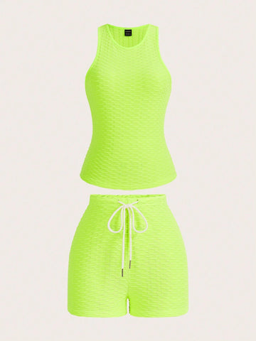 Women Summer Solid Color Texture Vest & Shorts Set