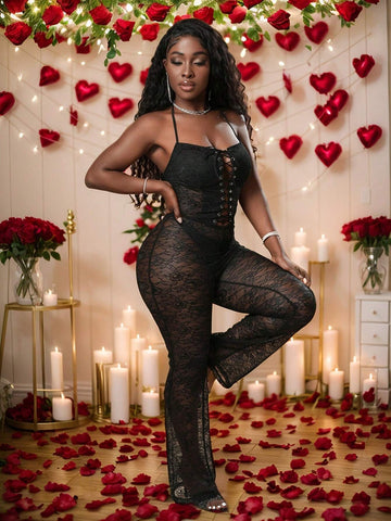 Women Tight Spaghetti Strap Lace Jumpsuit, Hollow Out Floral Lace Mesh Black Sexy Club Outfit
