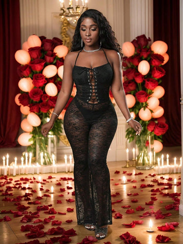 Women Tight Spaghetti Strap Lace Jumpsuit, Hollow Out Floral Lace Mesh Black Sexy Club Outfit
