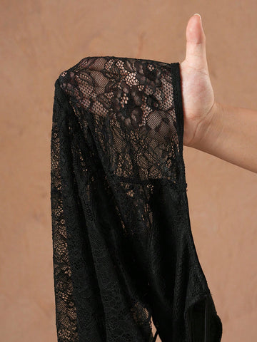 Women Tight Spaghetti Strap Lace Jumpsuit, Hollow Out Floral Lace Mesh Black Sexy Club Outfit