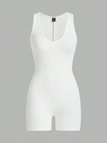 Women's 2024 Spring/Summer Solid Color Casual Sleeveless Stretchy Skinny Round Neck Bodysuit Shorts