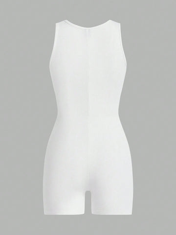 Women's 2024 Spring/Summer Solid Color Casual Sleeveless Stretchy Skinny Round Neck Bodysuit Shorts