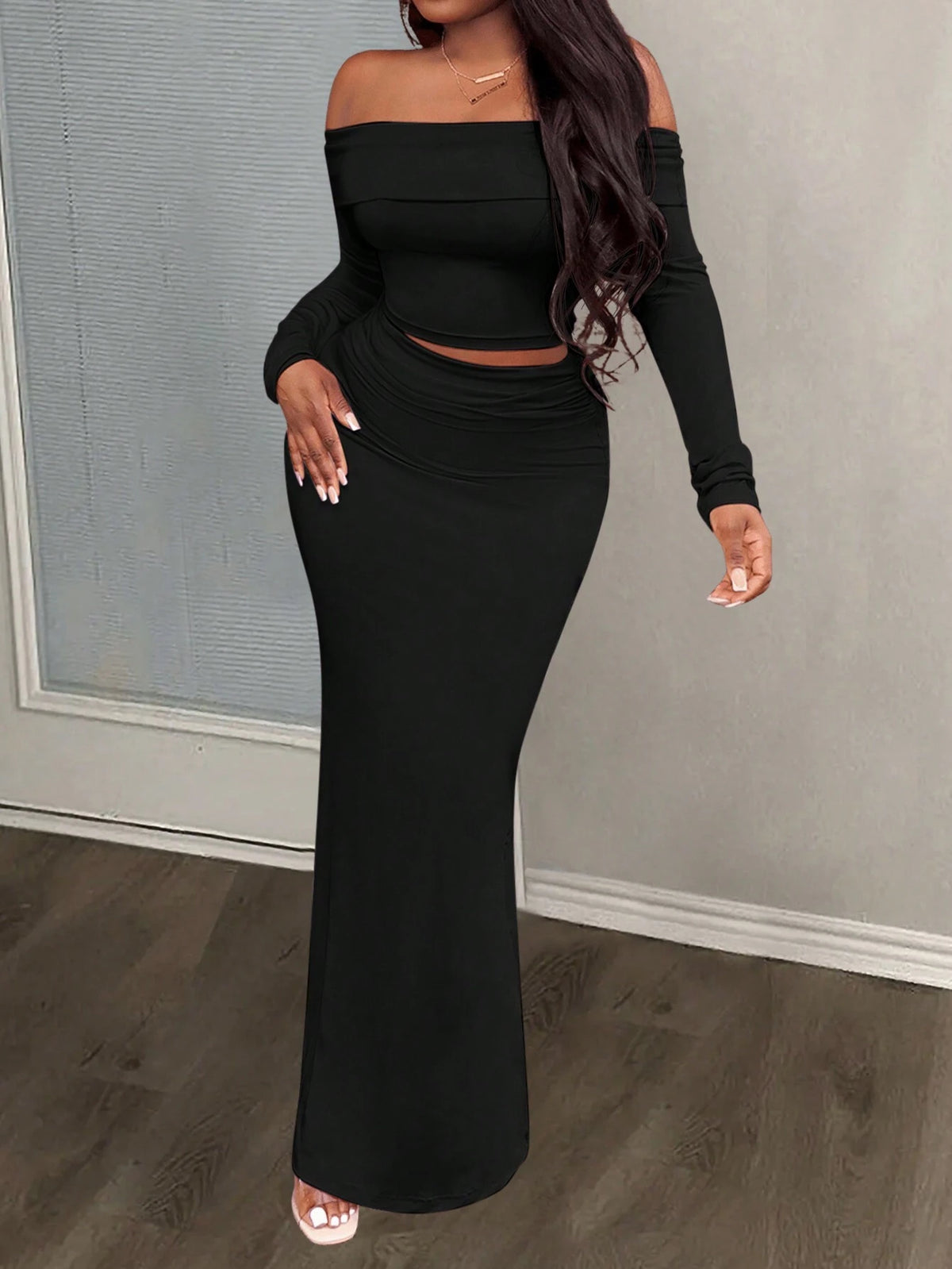 Women's 2pcs Set Elegant Casual Date Party Outfit - Off Shoulder Long Sleeve Top & Fish Tail Skirt