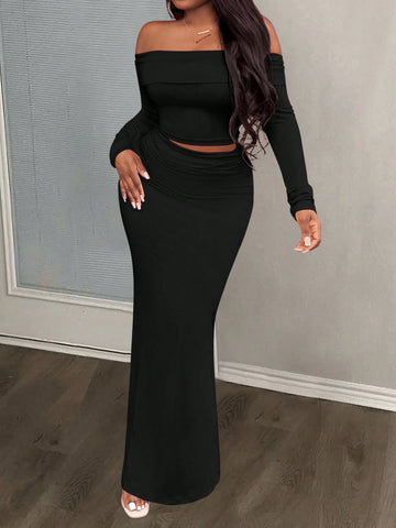 Women's 2pcs Set Elegant Casual Date Party Outfit - Off Shoulder Long Sleeve Top & Fish Tail Skirt