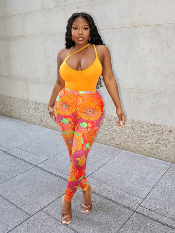 Women's 2pcs Sexy Beach Party V-Neck Low-Cut Strap Orange Bodysuit & High-Waist Sheer Mesh Flower Patterned Tight Pants Set, Style E