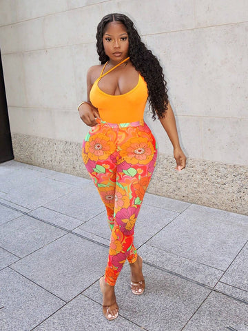 Women's 2pcs Sexy Beach Party V-Neck Low-Cut Strap Orange Bodysuit & High-Waist Sheer Mesh Flower Patterned Tight Pants Set, Style E