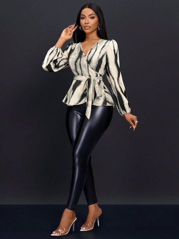 Slayr Women's Artistic Print Wrap Long Sleeve Shirt,