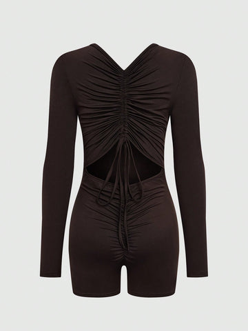 Women's Backless Ruffle Detail Solid Color Bodycon Romper Shorts