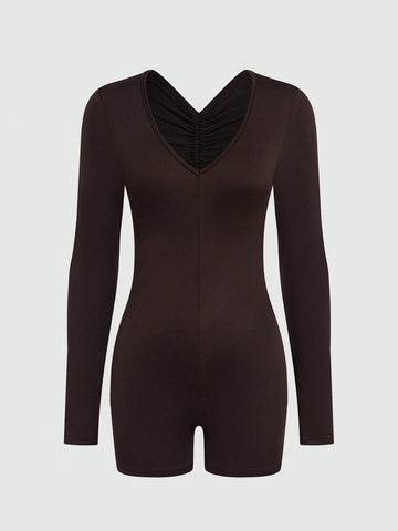 Women's Backless Ruffle Detail Solid Color Bodycon Romper Shorts