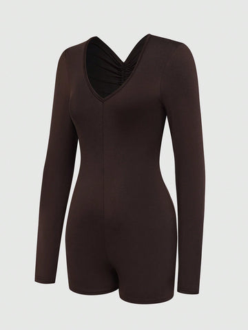 Women's Backless Ruffle Detail Solid Color Bodycon Romper Shorts