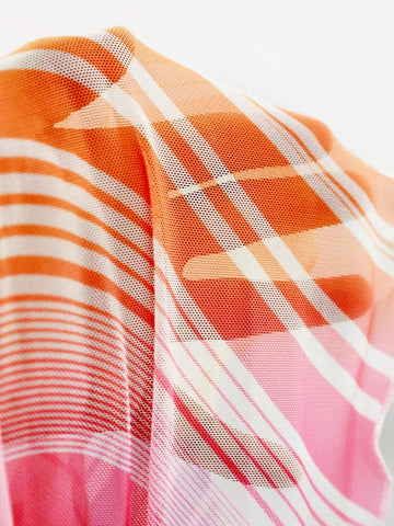 Women's Beach Vacation Sexy Wave Printed 2pcs Set With Tied Hem And Ruffled Trims Long Sleeve See-Through Crop Top And Bodycon Mini Skirt (Rainbow)