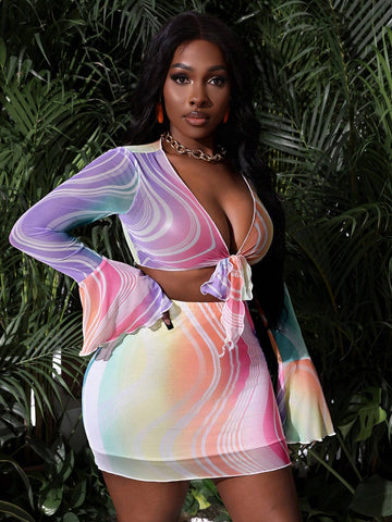 Women's Beach Vacation Sexy Wave Printed 2pcs Set With Tied Hem And Ruffled Trims Long Sleeve See-Through Crop Top And Bodycon Mini Skirt (Rainbow)