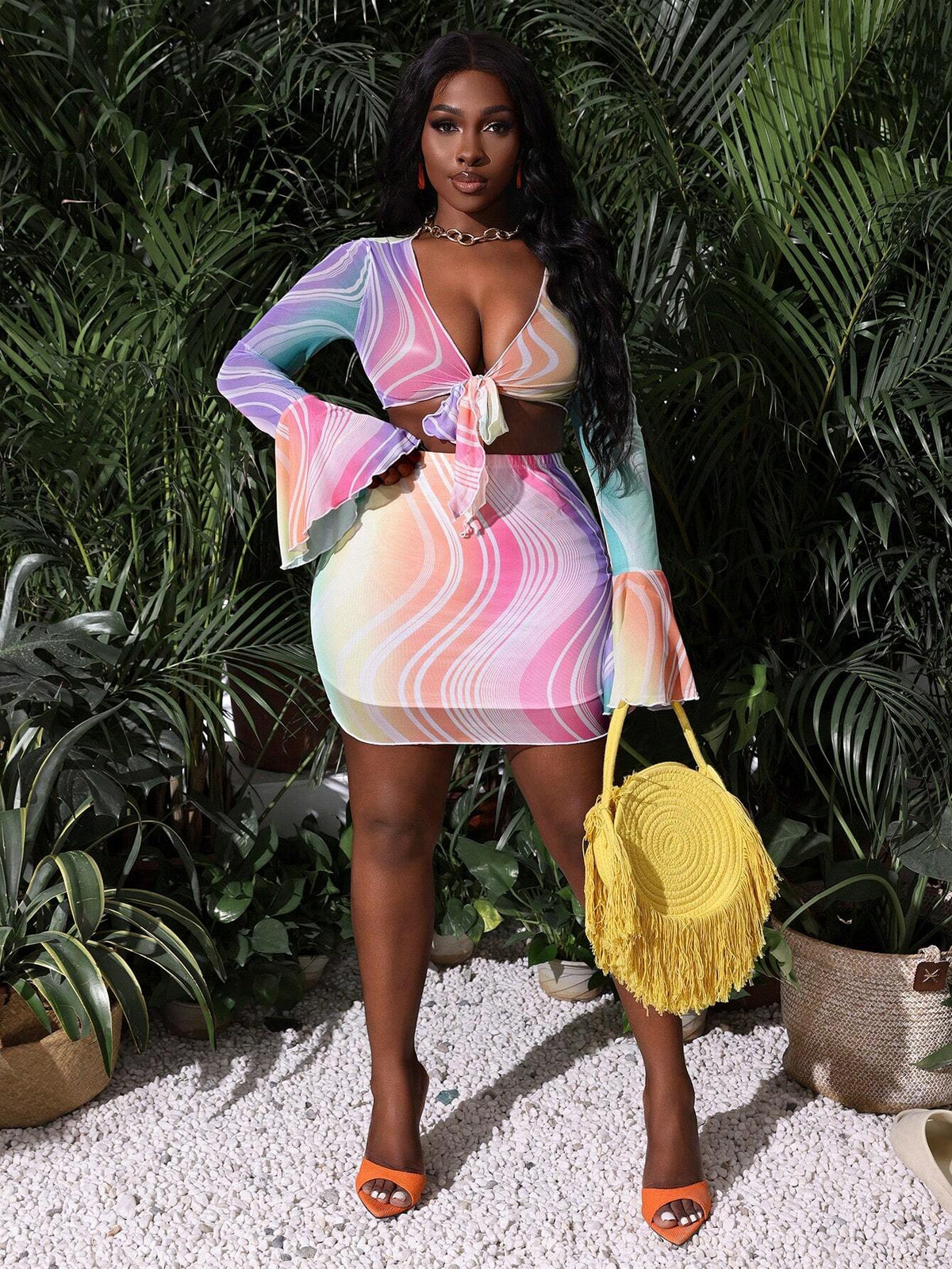 Women's Beach Vacation Sexy Wave Printed 2pcs Set With Tied Hem And Ruffled Trims Long Sleeve See-Through Crop Top And Bodycon Mini Skirt (Rainbow)