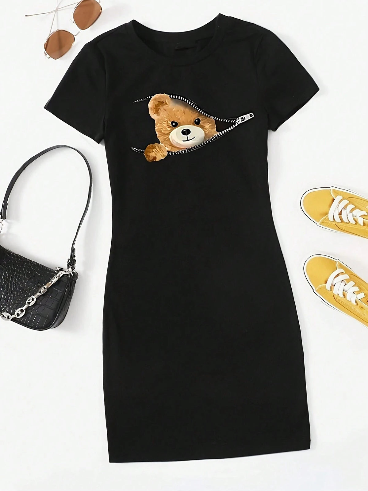Women's Bear Print Crew Neck Short Sleeve Casual Dress