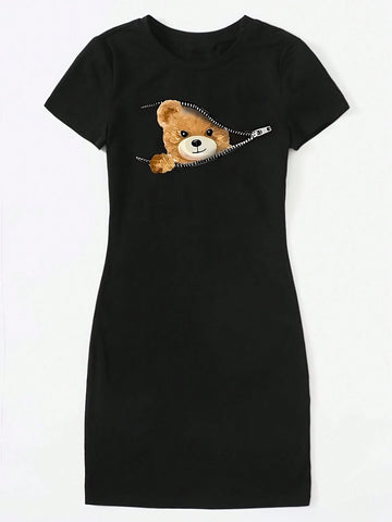 Women's Bear Print Crew Neck Short Sleeve Casual Dress