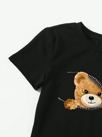 Women's Bear Print Crew Neck Short Sleeve Casual Dress