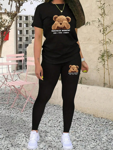 Women's Bear Print Slogan Short Sleeve T-Shirt And Pants Set, 2pcs