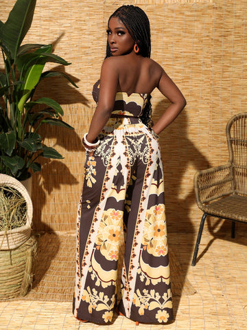 Women's Bowknot Decor Strapless Top And Pants Vacation Set