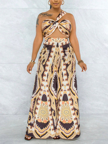 Women's Bowknot Decor Strapless Top And Pants Vacation Set